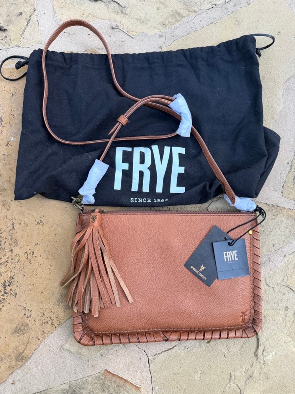 Frye Sloan Whipstitch Crossbody Pouch Bag, Cognac brown, tassel NWT